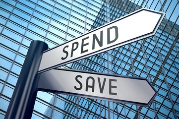 Fototapeta premium Signpost illustration, two arrows - spend or save