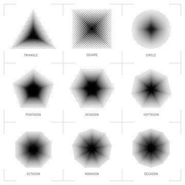 Vector halftone geometric shapes, Dot pattern, abstract background. Set design elements: square, circle, triangle, pentagon, hexagon, heptagon, octagon, nonagon, decagon. Dotwork Illustration