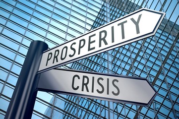 Signpost illustration, two arrows - crisis and prosperity