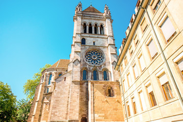 Fototapeta na wymiar Saint Pierre church's bell tower in the old town of Geneva city in Switzerland