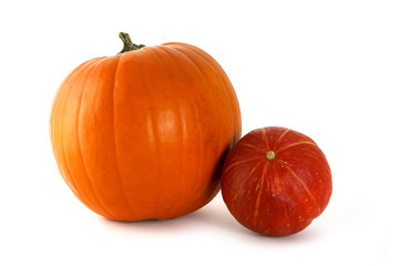 two pumpkins, orange and red for halloween isolated on a white background