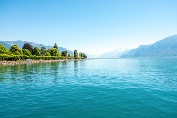 Landscape view on Geneva lake with beautiful mountains in Switzerland