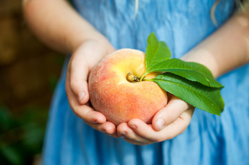 Close up of a young girl in a blue dress holding a ripe peach - Powered by Adobe