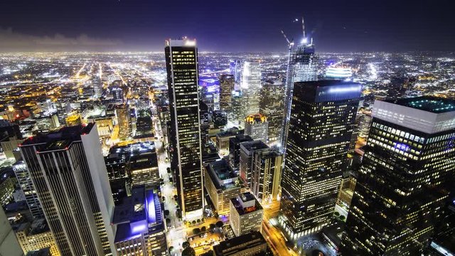 Time lapse overview of city lights in downtown Los Angeles at twilight