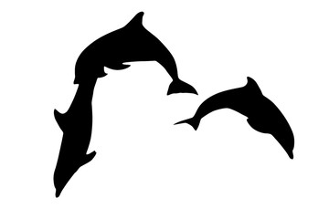 Silhouette of three dolphins jumping together. Isolated on white background.
