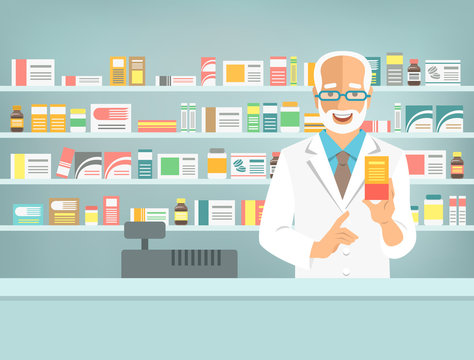 Pharmacist At Counter In Pharmacy. Man Druggist Stands Opposite Shelves With Medicines And Points To Box With Drug. Flat Vector Illustration. Health Care Medical Background. Drugstore Cartoon Banner