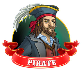 Old pirate hat with a feather. Emblem with a red ribbon. Vector illustration.