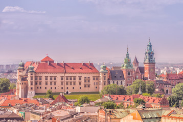 Wawel Castle and Wawel cathedral seen from the Hejnalica tower on sunny day