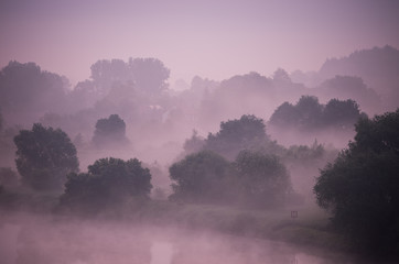 Vistula river landscape monochromatic in morning fog