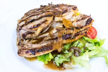juicy steak beef meat with tomato and potatoes