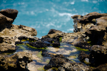 Close-up of rock formations and aquamarine waters  near Devils b