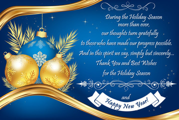 Thank You blue business greeting card for the End of the Year. Contains a thank you message from company to its staff and clients. Print colors used; size of a custom holiday card.
