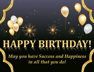 Happy Birthday card with fireworks and balloons for your boss, colleague, business partners. Print colors used.