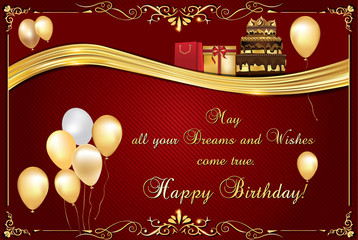 Elegant Birthday card, also for print. Happy Birthday elegant greeting card; contains balloons, birthday cake and presents. Size of a business card; Print colors used.