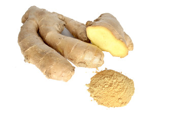 Fresh ginger root and ground ginger isolated spice on white background
