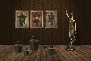 The illustration shows weights standing below the pictures on which are displayed old clock next to the statue of Justice
