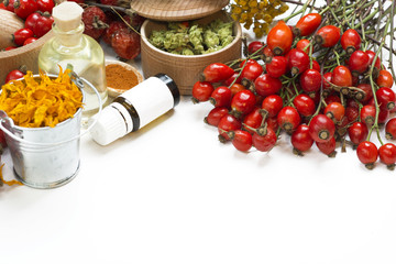 Medicinal plants and herbs composition: Dog rose, bunch branch Rosehips, types Rosa canina hips, essential oil. bunch, Tea with rosehip, Tansy, Anise, dried flowers of linden and chamomile on white 