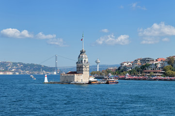 Fototapeta premium View at Maiden tower and Bosphorus bridge