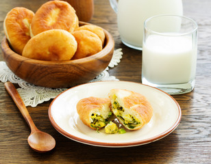 Homemade cakes with egg and onion. Russian kitchen.