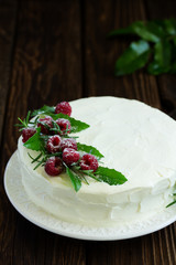 New Year or Christmas cake with raspberries, selective focus.