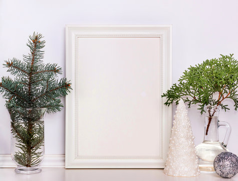Picture frame Christmas mockup, stock photography.