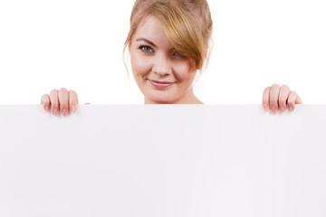 Woman with blank presentation board banner sign
