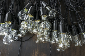 Garland with incandescent bulbs on black coiled wire hanging in the assembled position , is not included .