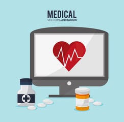 Jar of medicine and computer icon. Medical and health care theme. Colorful design. Vector illustration