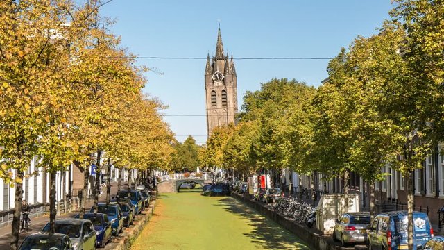 Delft canal water bike bell tower