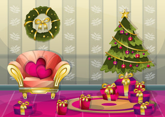 cartoon vector illustration interior Christmas room with separated layers in 2d graphic