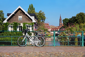 Fototapeta na wymiar picturesque downtown Strasbourg with cathedral in background - Alsace Region - France