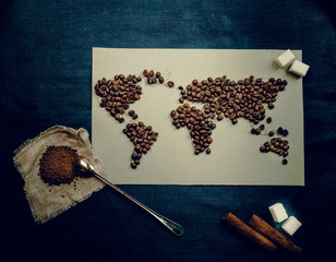 world map of coffee beans, ground . trade and globalization. top view
