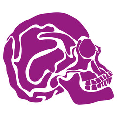 stylized human skull in profile . the drawing hands. made in one color which allows the use of laser cutting