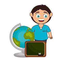 avatar boy smiling with earth globe and chalkboard icon. colorful design. vector illustration