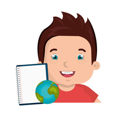 avatar boy smiling with notebook and earth globe icon. colorful design. vector illustration