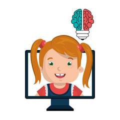 avatar girl smiling with monitor computer and brain bulb icon. colorful design. vector illustration
