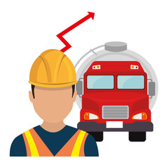 Fototapeta premium avatar industrial worker man with oil tank truck and financial red arrow. vector illustration