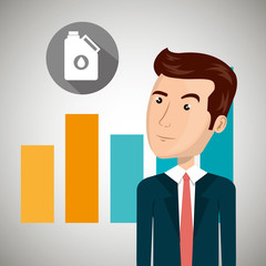 avatar man wearing suit and tie and graphic chart with oil gallon over gray circle. petroleum and oil design. vector illustration