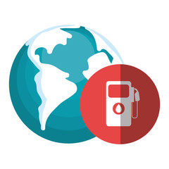 earth planet globe with gas station pump icon over red circle. vector illustration