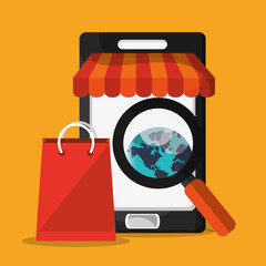 Smartphone lupe and bag icon. Shopping online ecommerce and media theme. Colorful design. Vector illustration