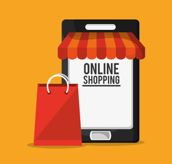 Smartphone and bag icon. Shopping online ecommerce and media theme. Colorful design. Vector illustration
