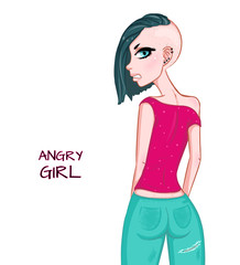 Cartoon angry girl in pink shirt