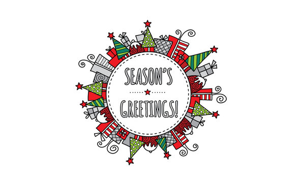 Season's Greetings Christmas doodle vector illustration with the words season's greetings in a circle surrounded by christmas trees, presents, puddings, and stars.