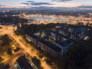 Aerial view of the city center in Krakow at night