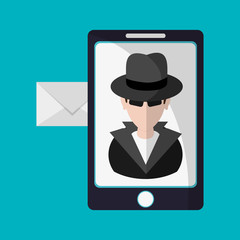 Hacker cartoon envelope and smartphone icon. Security system warning and protection theme. Colorful design. Vector illustration