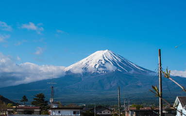 Fuji Mountain view from Japanese countryside town and blue sky background.