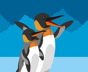penguins and polar habitat related icons image vector illustration design 
