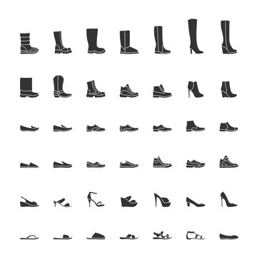 Black shoes icon set, men and women fashion shoes. Vector illustration