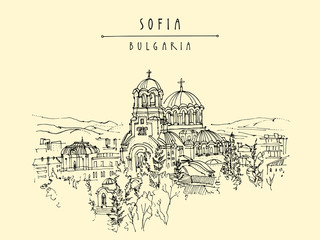 St. Alexander Nevsky Cathedral in Sofia, Bulgaria. Hand drawing in retro style. Travel sketch. Vintage touristic postcard, poster, calendar or book illustration