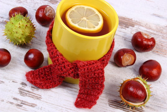 Cup of tea with lemon wrapped woolen scarf, warming beverage for flu, autumn decoration